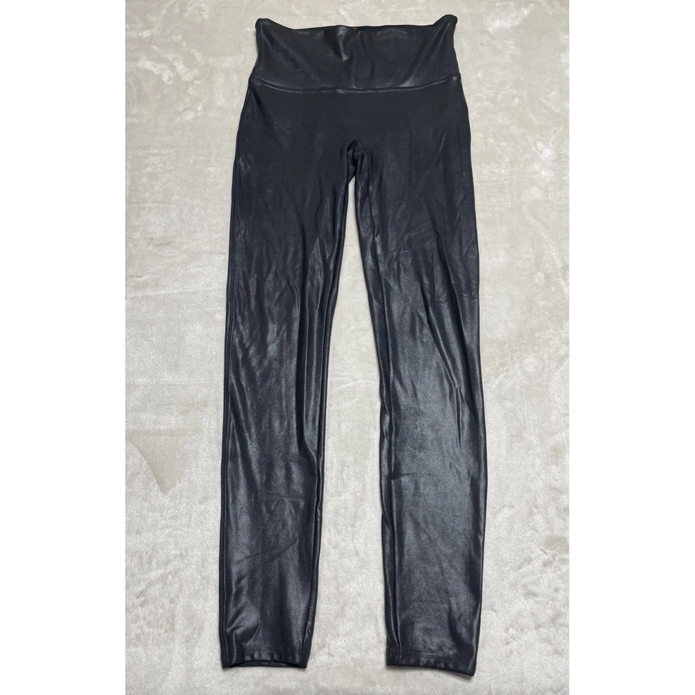 Spanx Leggings Pants Womens Size Large Solid Black Pull On Shiny
